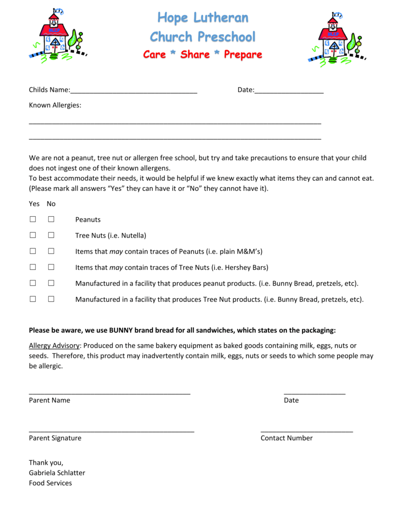 Allergy Form Hope Lutheran Church Preschool